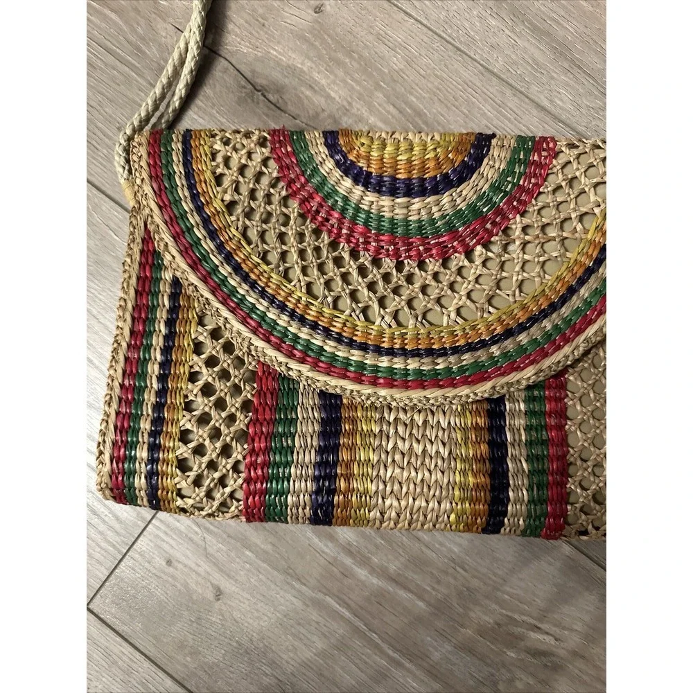 Vintage Rainbow Striped Straw Purse Shoulder‎ Bag